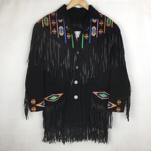 VTG Erez Levy Embroidered Leather Jacket Fringe Black Colorful Western Beaded